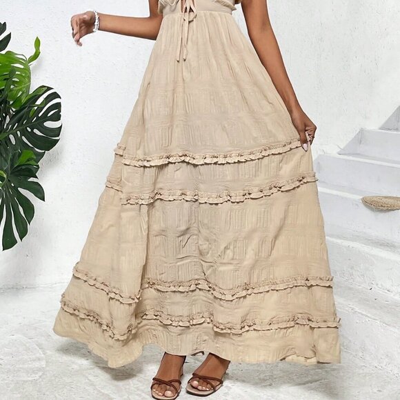 Apricot Boho Women's Solid Color Backless Halter Tie Frill Hem Dress - Picture 5 of 6